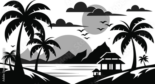 A tropical island landscape with palm trees and a hut by the sea at sunset with birds flying