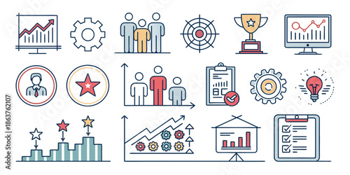 Business management and strategy icons set for growth, team, and success