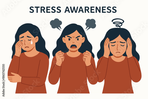  Frustrated Woman Stress Awareness - Emotional Health, Crying and Anger in Flat Vector Illustration on White Background