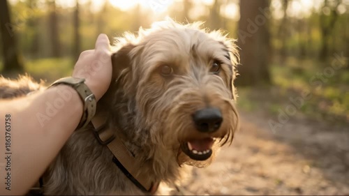 Hand Patting Dog Head During Walk in Forest at Golden Hour