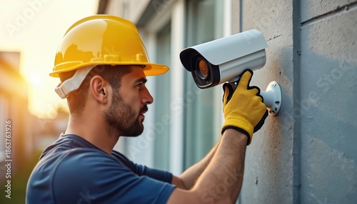 Worker in yellow helmet installs security camera on building exterior. Technician fixes surveillance device on wall, ensuring safety. Man works on home protection system outdoors.