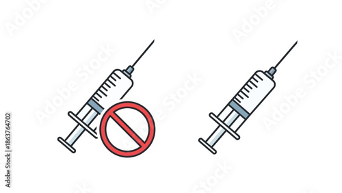 Simple vector icon set illustrating a medical syringe symbol with a prohibition sign next to one signifying no injection or vaccination concept.