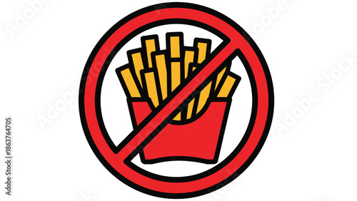 Simple graphic icon illustrating a clear prohibition against consuming french fries indicating diet restriction or fast food avoidance clearly in a universally recognized format.
