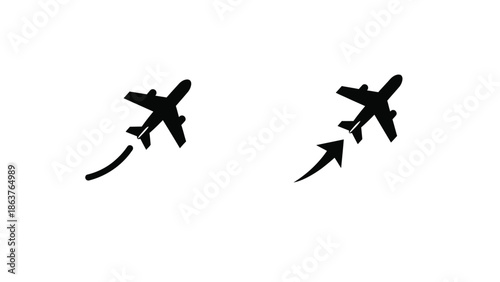 Two distinct vector icons illustrating airplane movement paths with one showing a curved takeoff trajectory and the other indicating a straight approach path