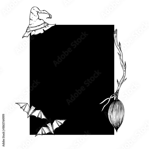 Vector frame with halloween witch flying on a broom witch hat and bat. Hand painted linear wizard cap illustration. Graphic monochrome sketch isolated on background. For designers, prints, logo, icon