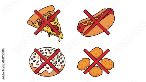Illustration showing common unhealthy junk foods like pizza, hot dogs, donuts, and nuggets are prohibited or crossed out for a healthy diet plan