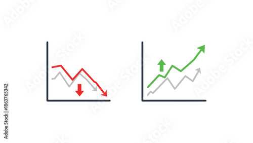 Simple illustration comparing a stock market chart showing decline labeled a versus a successful growth trajectory chart labeled b in finance