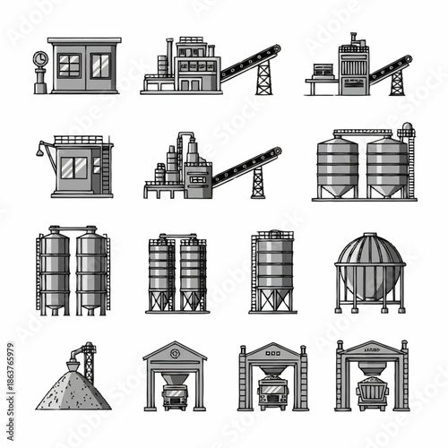 Collection of Industrial Factory and Silo Icons.