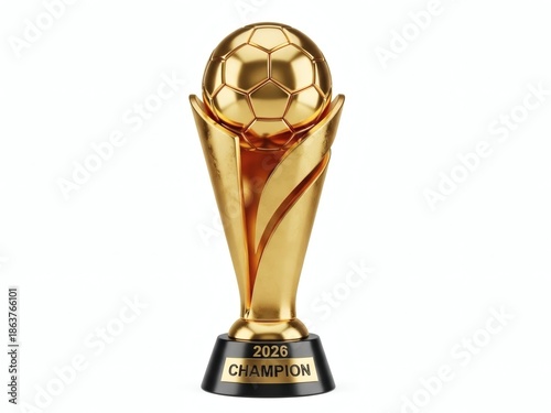 3D Golden Soccer Trophy 2026 World Football Championship Cup Award with Champion Text Isolated on White Background