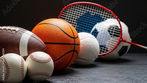 Collection of various sports equipment including basketball tennis racket soccer ball baseball and football on dark background for sports and fitness themes