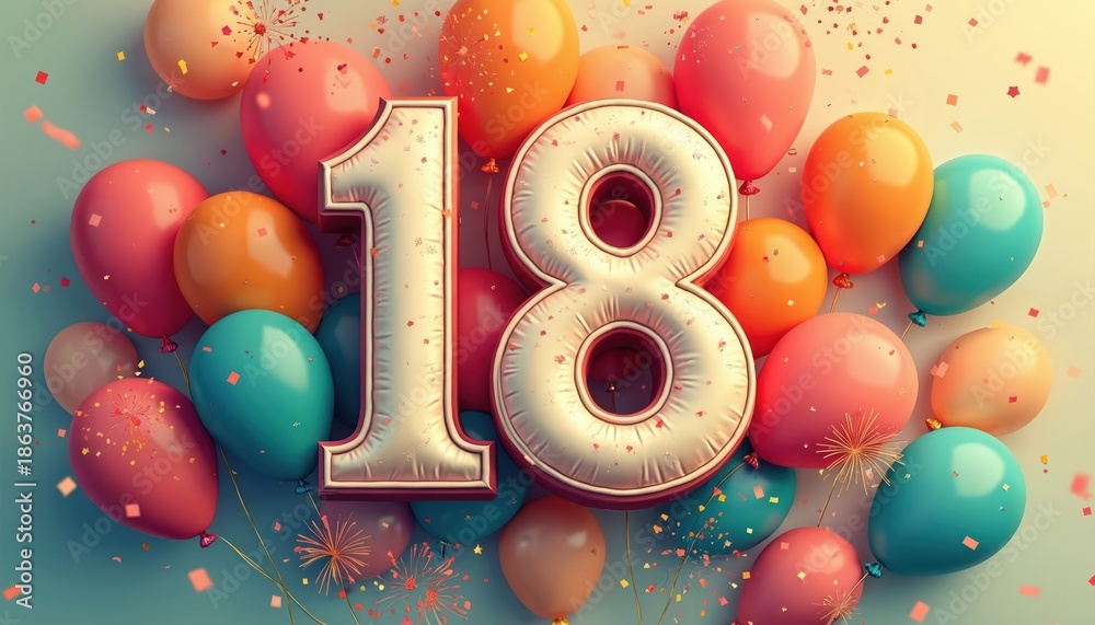Fototapeta premium Number 18 formed by big foil balloons. Colorful inflated spheres float around, confetti sprinkles create festive mood. Celebrate special milestone, birthday party, or anniversary event.