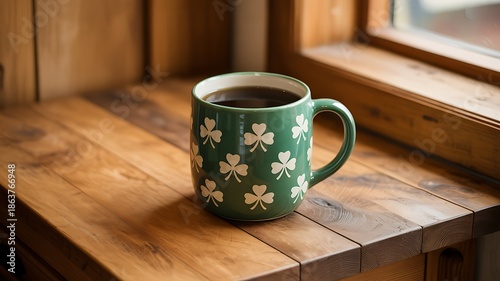 St patrick's day coffee mug with shamrocks on wooden window sill