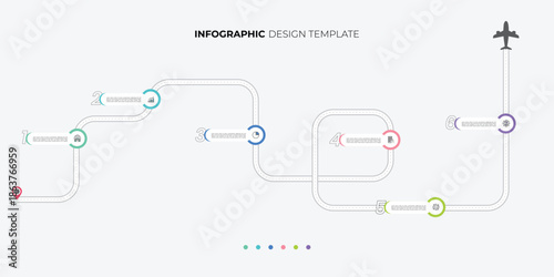 Infographic template for business with pin and plane. 6 Steps Modern Timeline diagram with road journey concept, presentation infographic