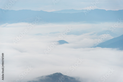 Morning sunlight mountain views and fog.