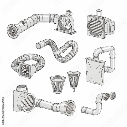 Collection of Industrial Ventilation and Air Duct Components.