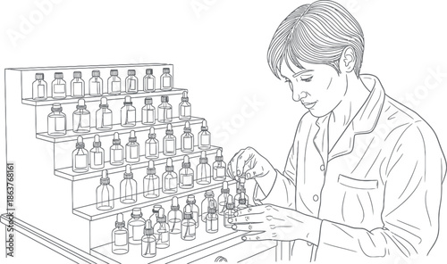 Laboratory worker handling essential oil bottles