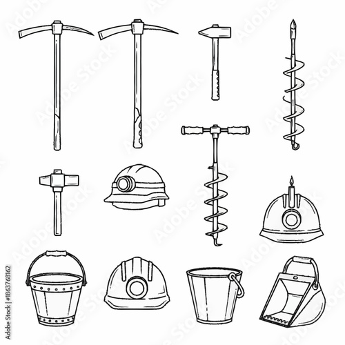 Collection of Mining Tools and Safety Equipment Illustration.