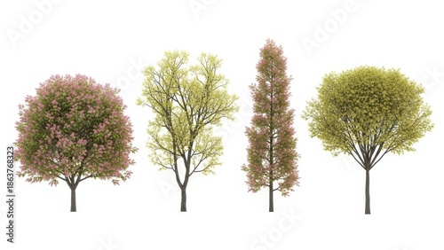 Variety of Trees Isolated on White Background, Botanical Illustration