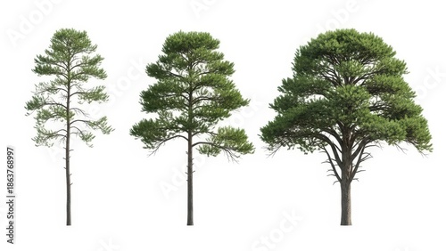 Three Evergreen Trees Isolated on White, Nature Background