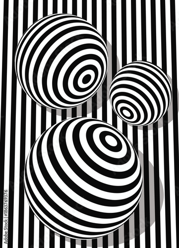 Three dimensional spheres with black and white stripes against a striped background balls