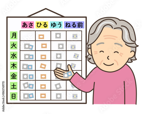 お薬カレンダーを確認して薬を手に取るおばあさん