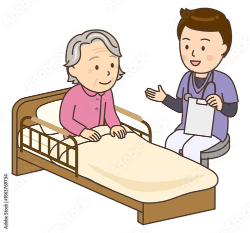 おばあさんとベッドサイドで寄り添う若い男性看護師