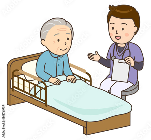 おじいさんとベッドサイドで寄り添う若い男性看護師