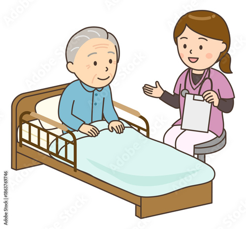 おじいさんとベッドサイドで寄り添う若い女性看護師