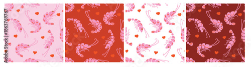 Valentine’s Day seamless pattern set with pink shrimp and red hearts. Hand drawn seafood illustration in naive imperfect style