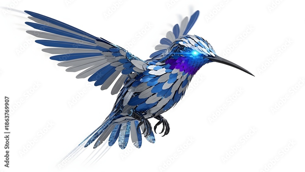 Obraz premium Metallic blue hummingbird sculpture in flight isolated on white background