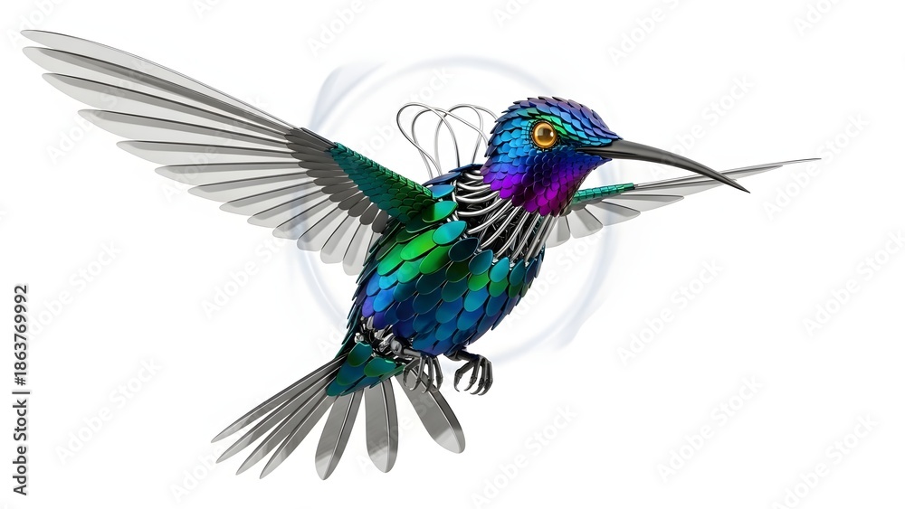 Fototapeta premium Iridescent hummingbird in flight isolated on white background