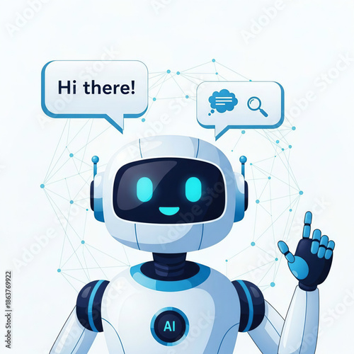 A friendly chatbot robot waving with a greeting and search thought bubble.