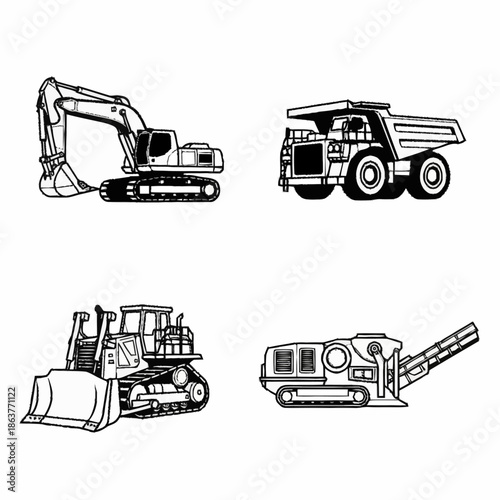 Set of Four Construction Heavy Machinery Vector Illustrations.