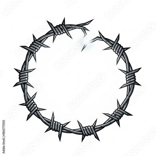 Broken barbed wire circle symbol of freedom and escape isolated on white background for design projects