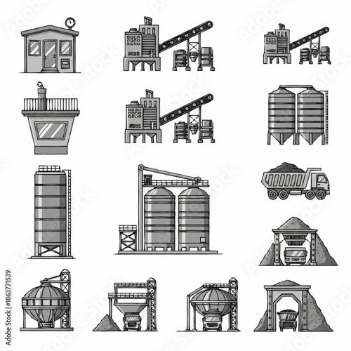 Set of Industrial Construction and Manufacturing Plant Icons.