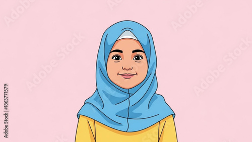 Young Muslim girl wearing a blue hijab and yellow shirt smiling portrait illustration for diversity and culture concepts isol