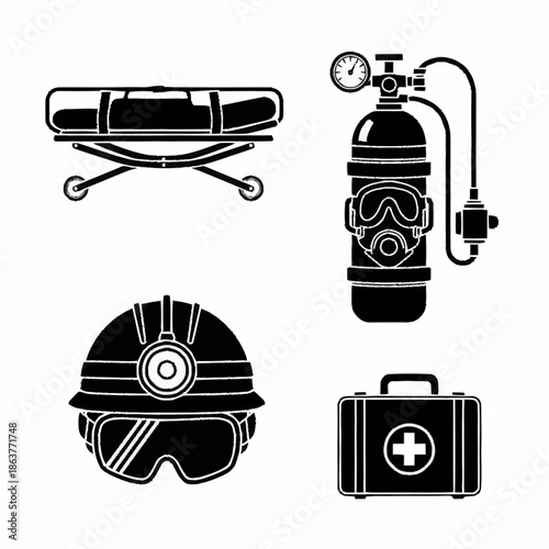 Set of rescue and medical equipment icons.