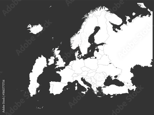 Blank Europe Map Vector with Country Borders on Dark Gray Background