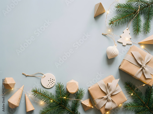 Minimal Christmas Flat Lay with Gift Boxes and Pine Branches