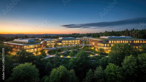 Expansive modern corporate campus nestled amidst lush greenery at twilight, showcasing contemporary architecture and sustainable design with illuminated windows reflecting the serene evening sky