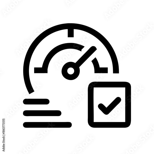 This is a minimalist black line icon on a white background, combining a speedometer gauge, motion speed lines, and a checked checkbox, representing completed tasks, verified efficiency and finished 