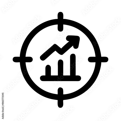 black minimalist icon of a bar chart and upward arrow centered within a crosshair target. Symbolizes precise data tracking and financial goals.