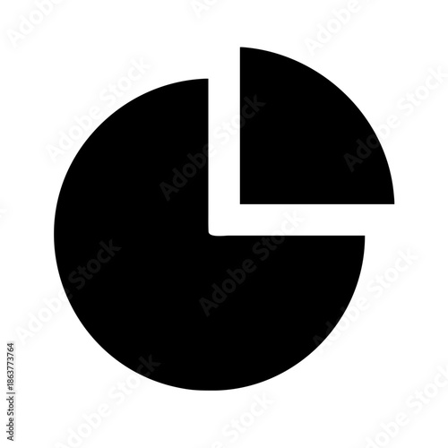 This is a minimalist solid black glyph icon on a plain white background, depicting a pie chart split into two segments with a white separating gap, representing data proportion and part-to-whole relat
