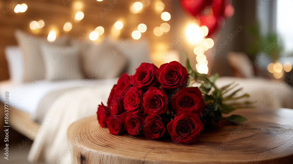 Obraz premium Ultra high-resolution romantic lifestyle interior photograph featuring a lush bouquet of fresh red roses placed on a natural wooden table in the foreground. The roses are tightly a