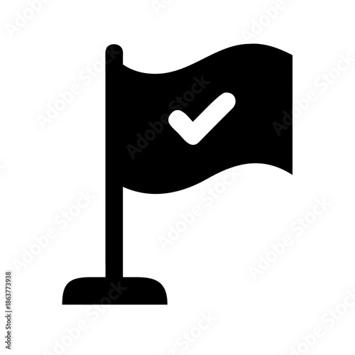 Black silhouette of a waving flag featuring a white checkmark. Ideal for project management blogs, goal-setting apps, and sites tracking milestones or successful achievements.
