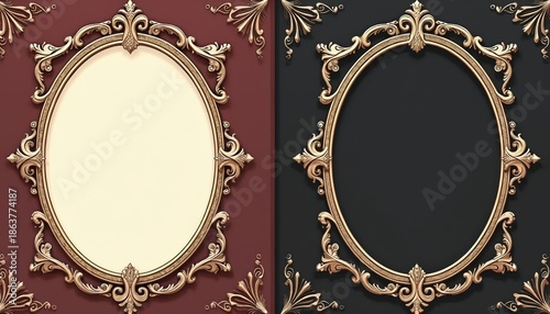 Two ornate gold oval frames rest on dark red and black backgrounds. Decorative borders feature intricate swirls and floral elements for vintage or elegant designs.