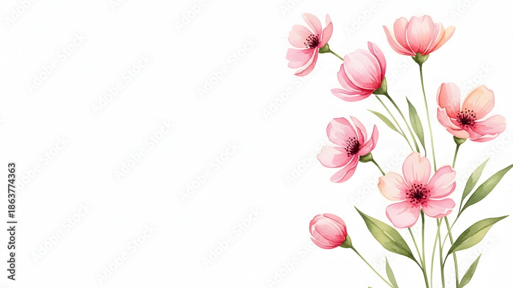 Obraz premium A serene watercolor illustration of pink flowers with green leaves on a white background from a close-up viewpoint