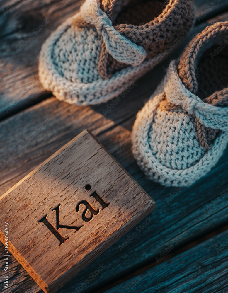 Fototapeta premium Baby name Kai engraved on a wooden plaque with knitted baby shoes. Image for baby name reveal