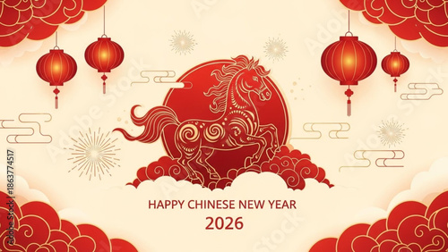 cinematic illustration of Happy Chinese New Year 2026, fire horse zodiac
