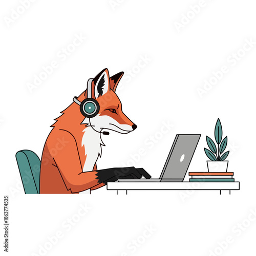 Cartoon Fox with Headset Typing on Laptop at Office Desk